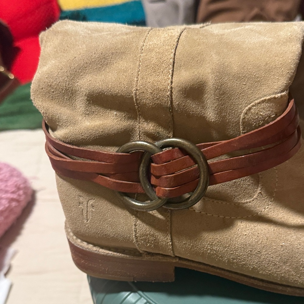 Frye Tan Suede  Boots with Brown Strap